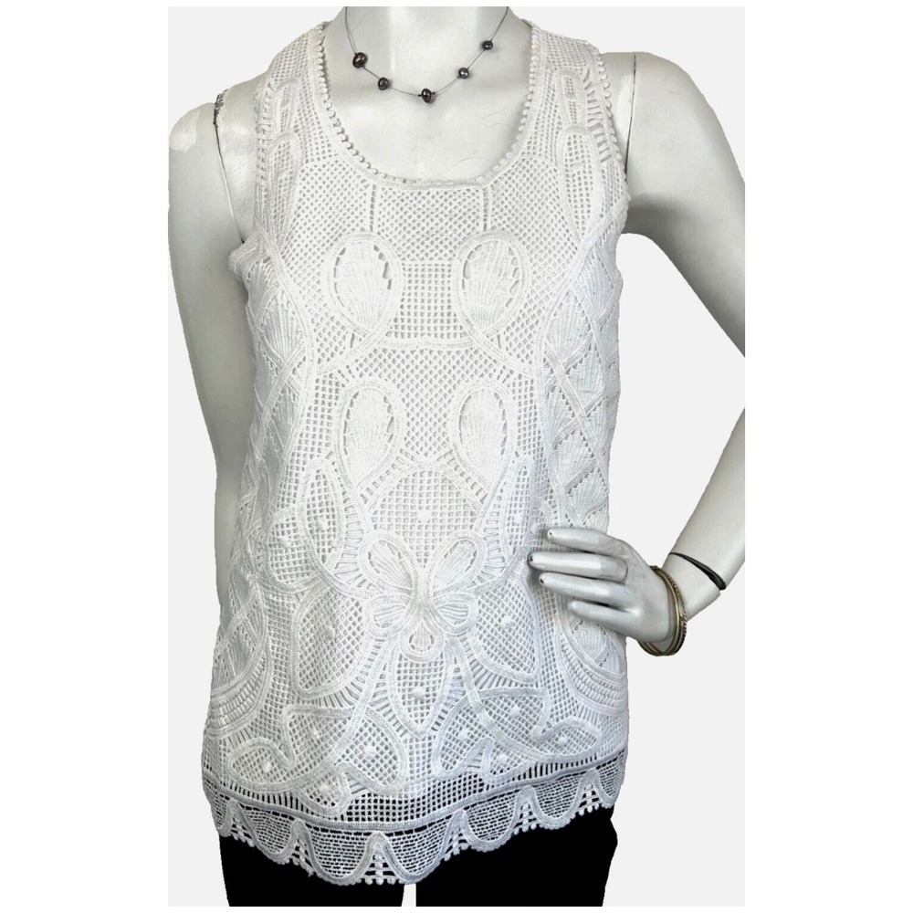 Saint Tropez West Boho Crochet Lace Top Size Small White Sleeveless Lined VGUC